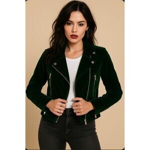 Lulu’s Dark Green Velvet Moto Jacket Zip Up Biker Coat Size Small
